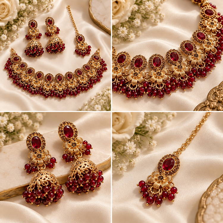 Ruby Gold Floral Bridal Jewelry Set