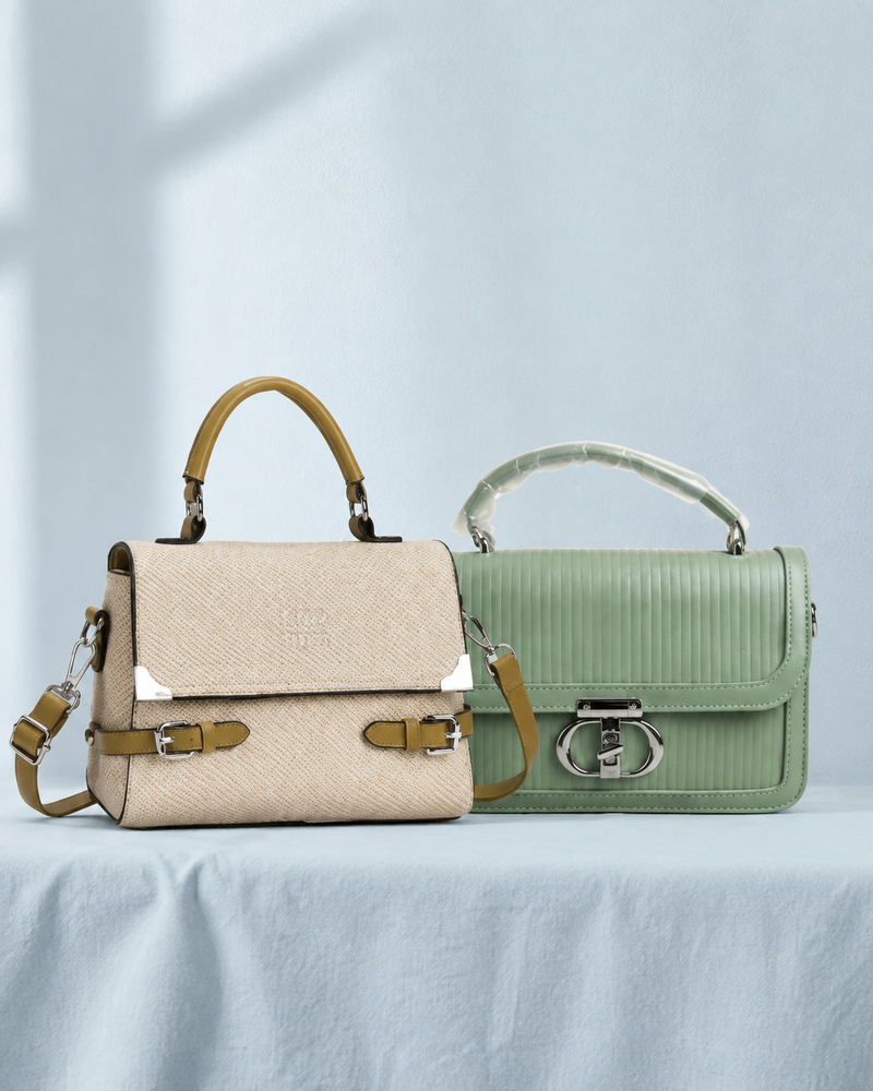 Cream and sage handbags from the existing imported-bags artwork on powder blue linen